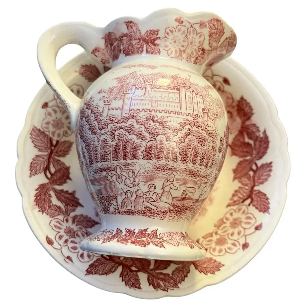 English Red Transferware Mini Pitcher with Saucer Scenic Castle Set England Home